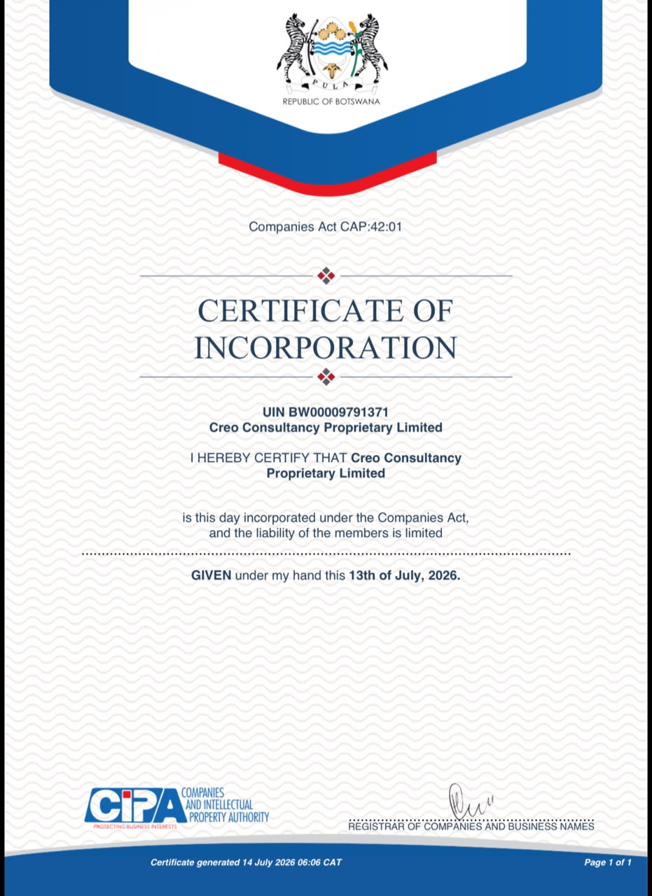 Certificate of Incorporation for Crēo Consultancy Proprietary Limited, issued by CIPA